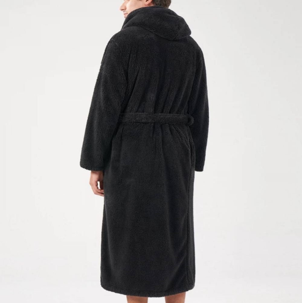 Men's Black Plush Robe with Gray Shawl Collar - Picture 3 of 7